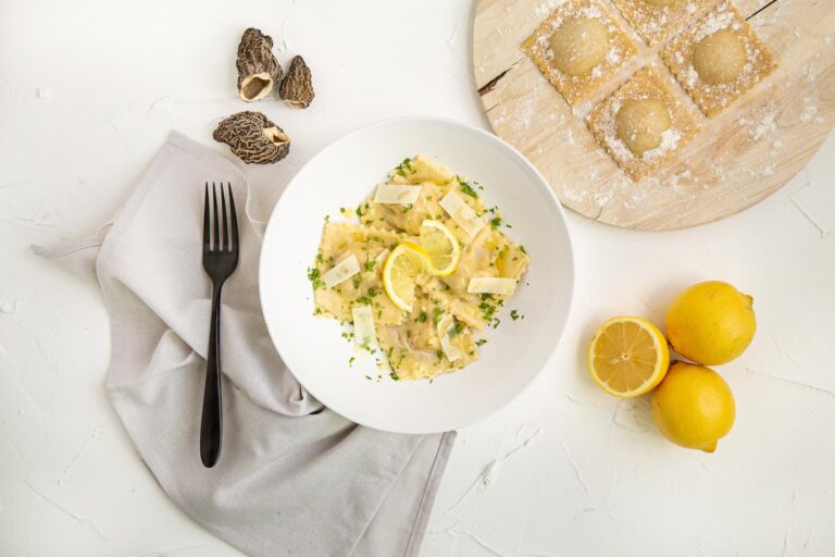 Homemade Morel Mushroom Ravioli Served with Lemon-butter Sauce ravioli filled morel mushrooms